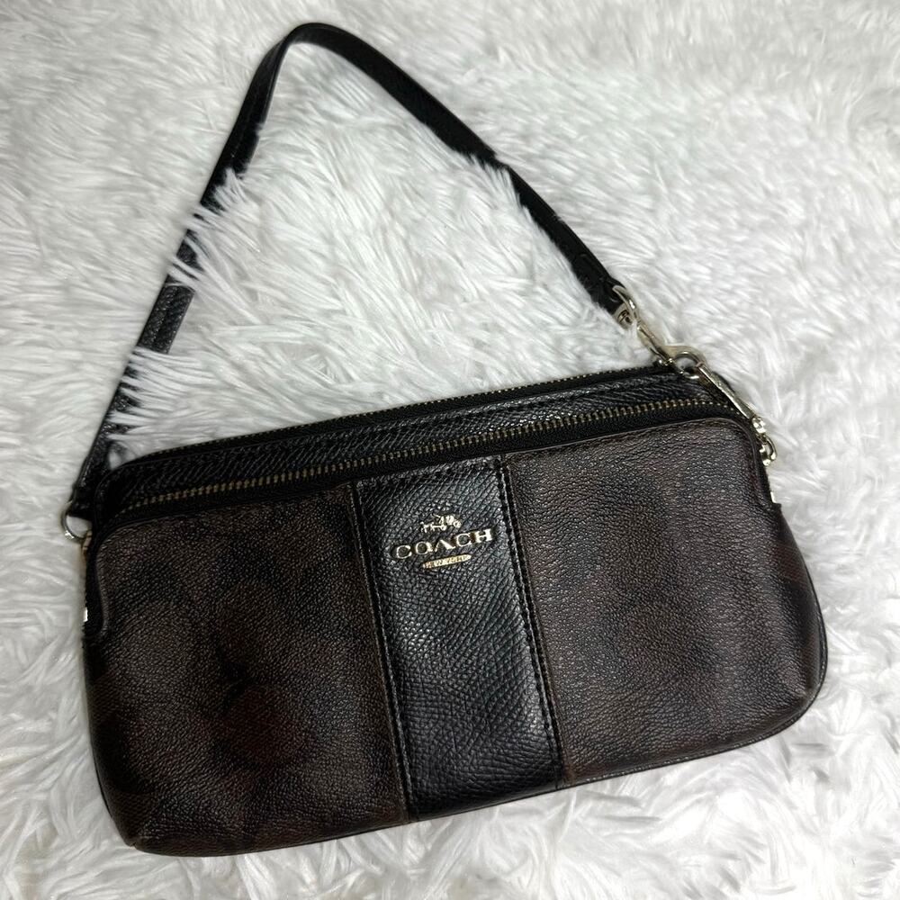 Coach Black Brown Coated Canvas Wristlet